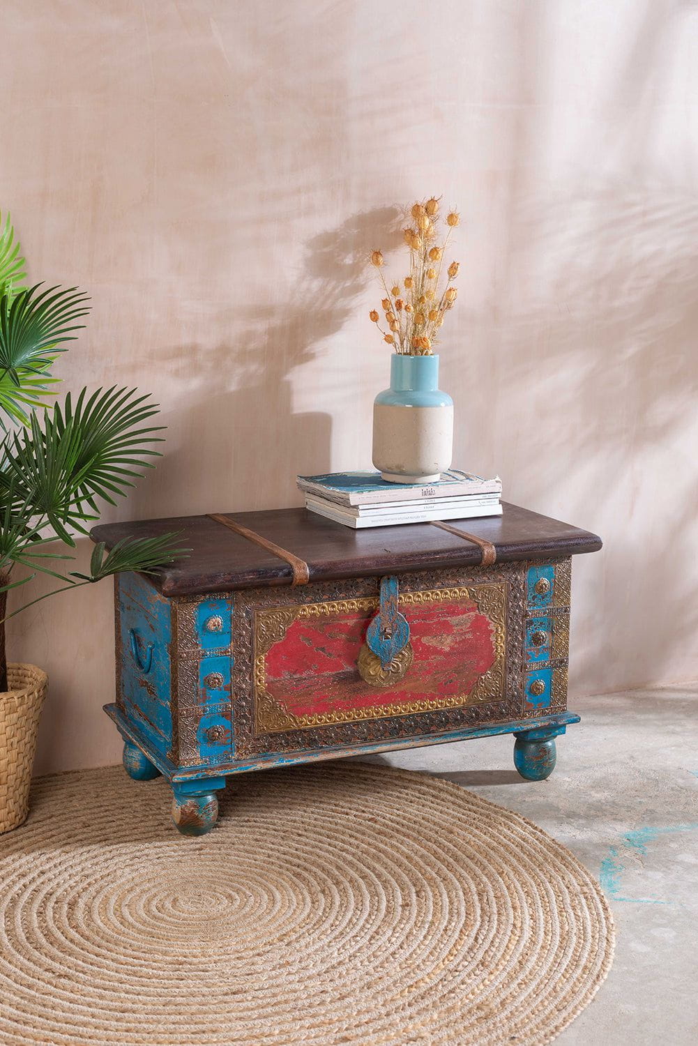 Ian Snow Ltd Red and Blue Wooden Chest with Brass Trim