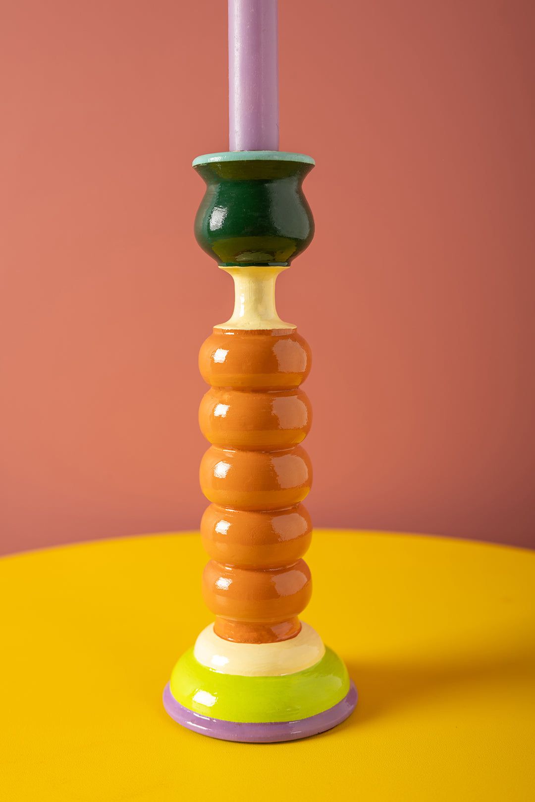 MYAKKA Orange & Green Hand Painted Wooden Candle Holder