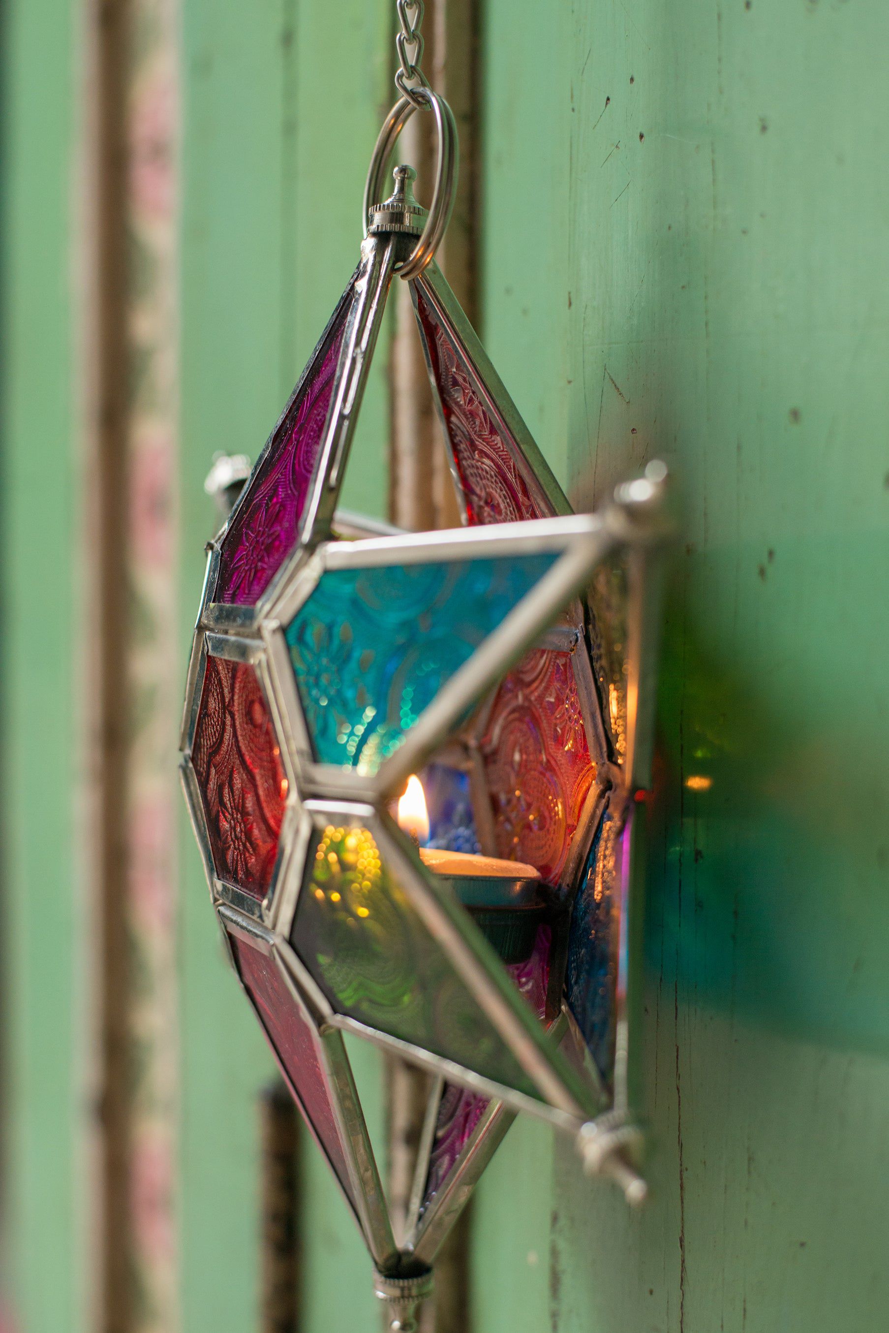 MYAKKA Multi Coloured Iron & Glass Hanging Star Lantern