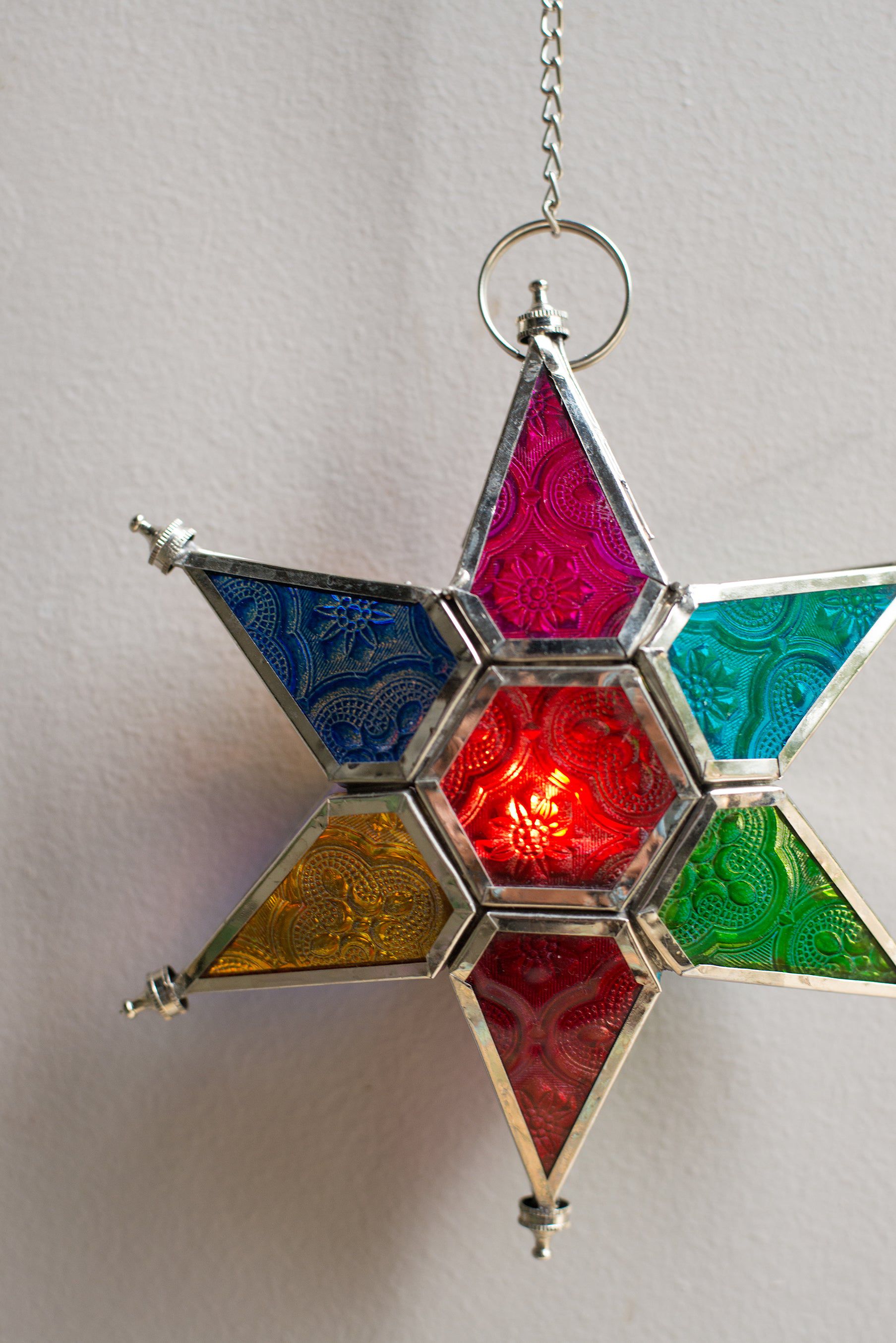 MYAKKA Multi Coloured Iron & Glass Hanging Star Lantern