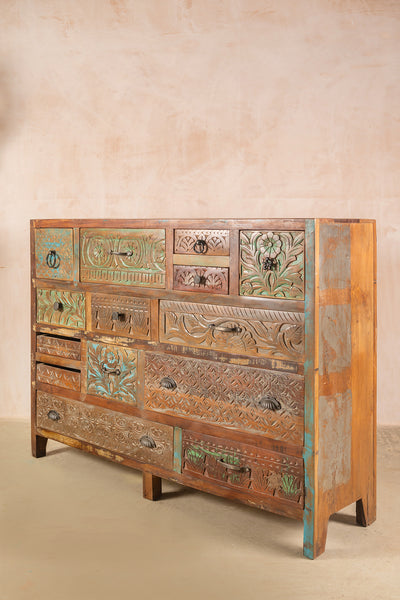 Vintage Carved & Coloured Drawer Unit