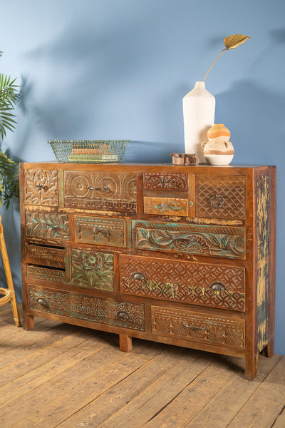 Vintage Carved & Coloured Drawer Unit