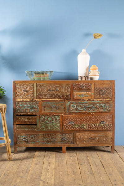 Vintage Carved & Coloured Drawer Unit