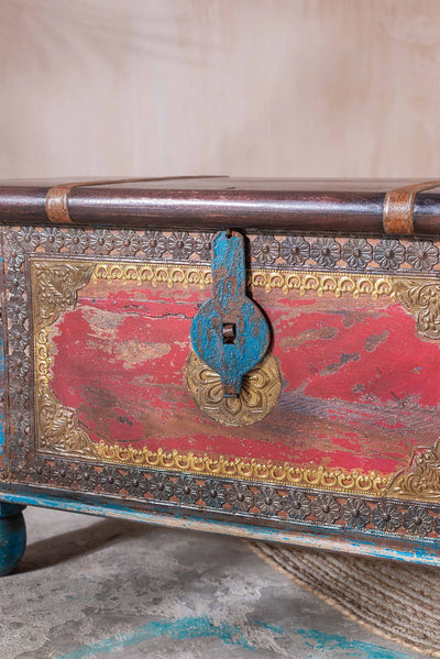 Ian Snow Ltd Red and Blue Wooden Chest with Brass Trim