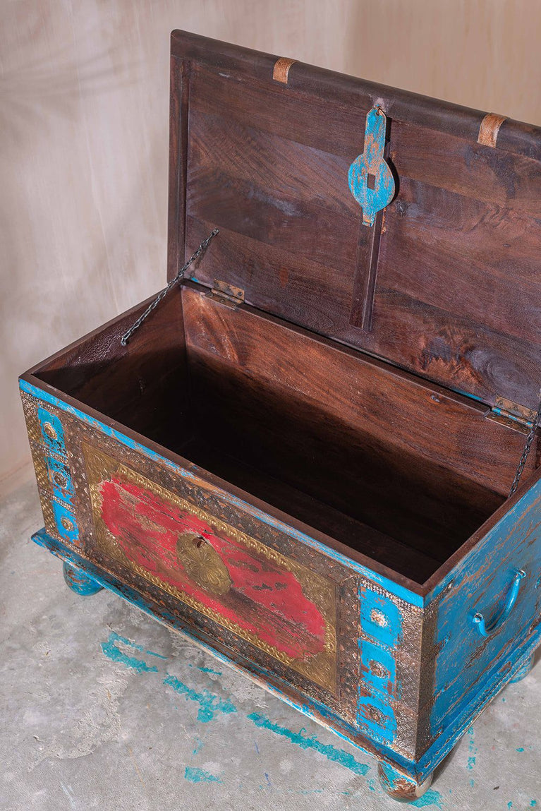 Red and Blue Wooden Chest with Brass Trim – MYAKKA