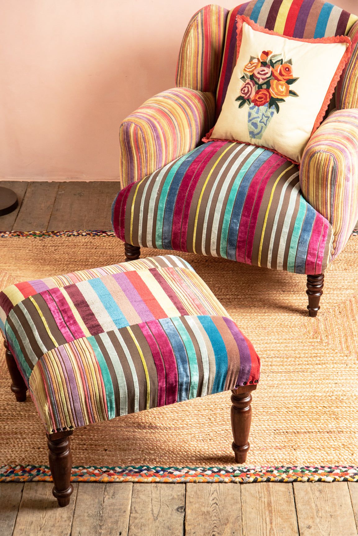 Ian Snow Ltd Fandango Striped Velvet Armchair & Footstool Bundle