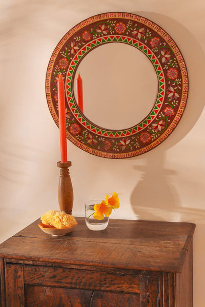 Ian Snow Ltd Chocolate Round Hand Painted Floral Mirror