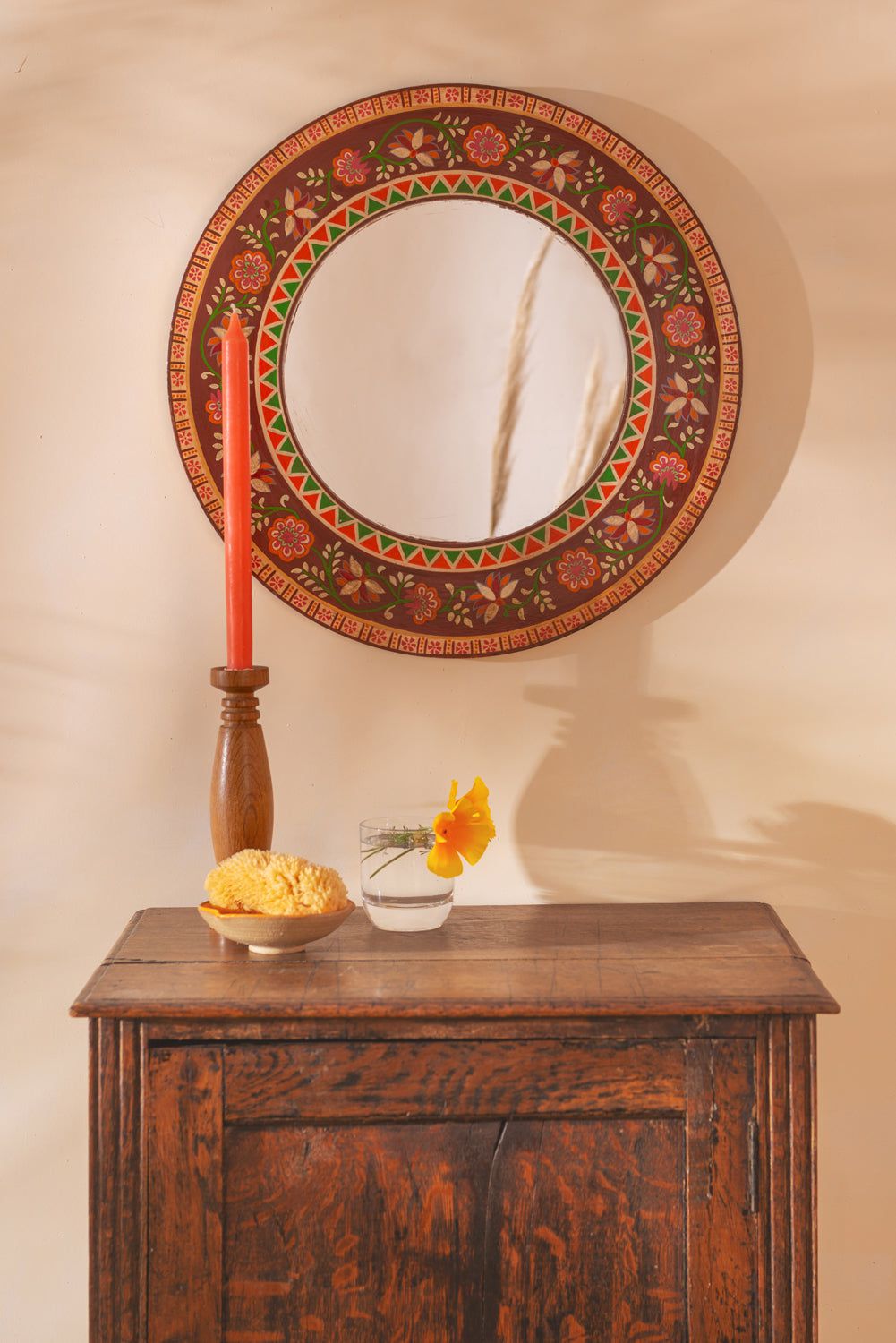 Ian Snow Ltd Chocolate Round Hand Painted Floral Mirror