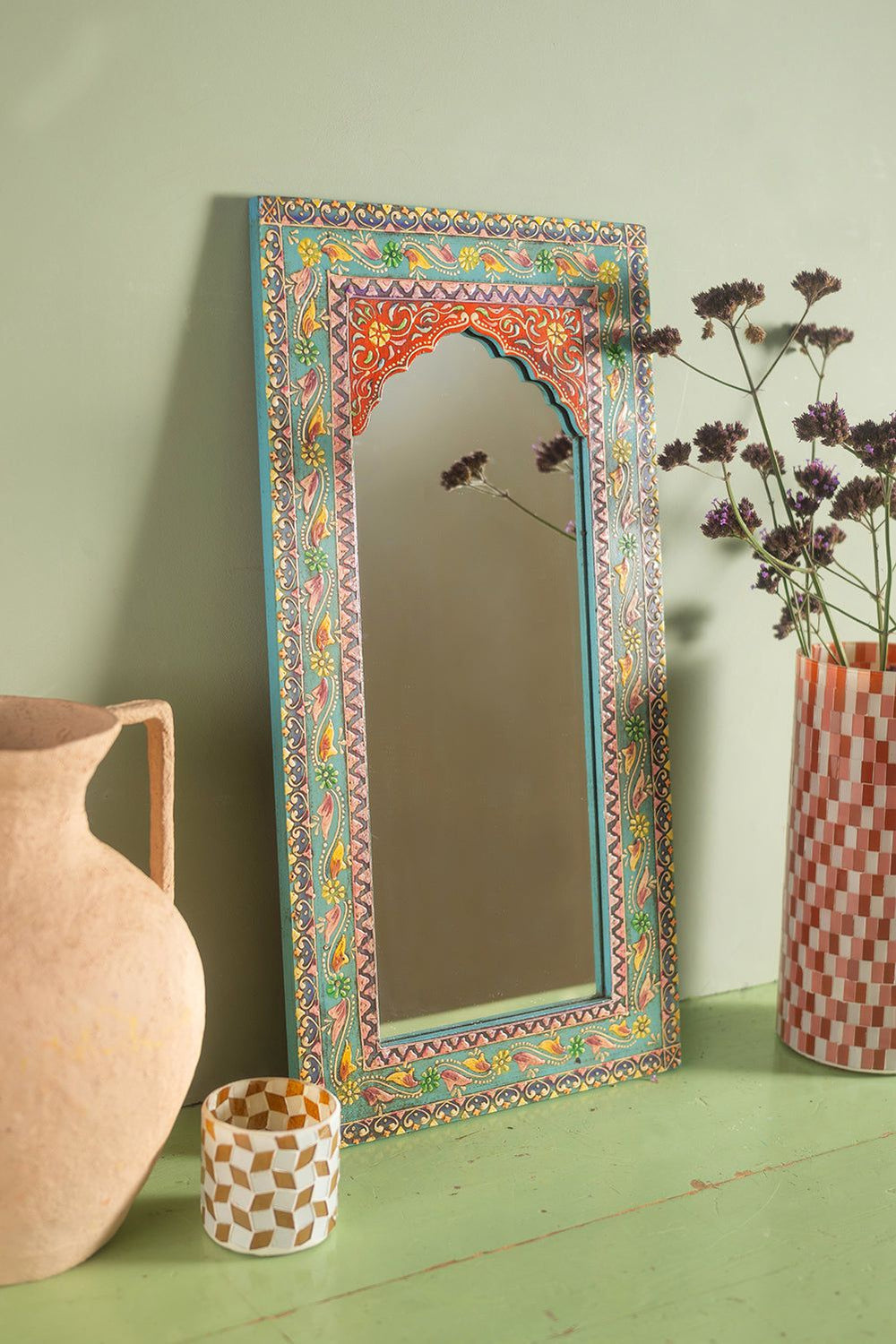 Highly Decorative Arched Wooden Mirror with Mehandi Work – MYAKKA