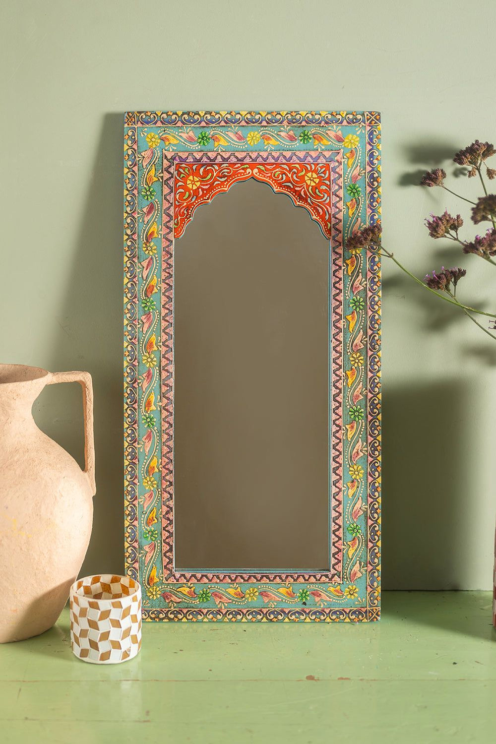 Highly Decorative Arched Wooden Mirror with Mehandi Work – MYAKKA