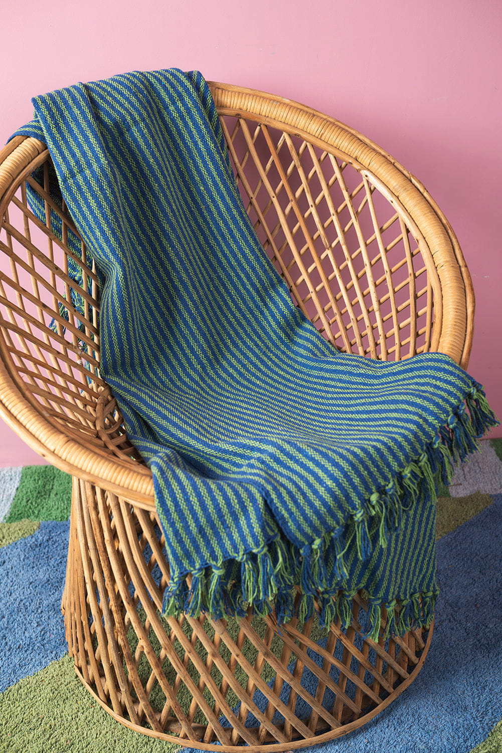 Ian Snow Ltd Green & Blue 100% Recycled Cotton Striped Throw