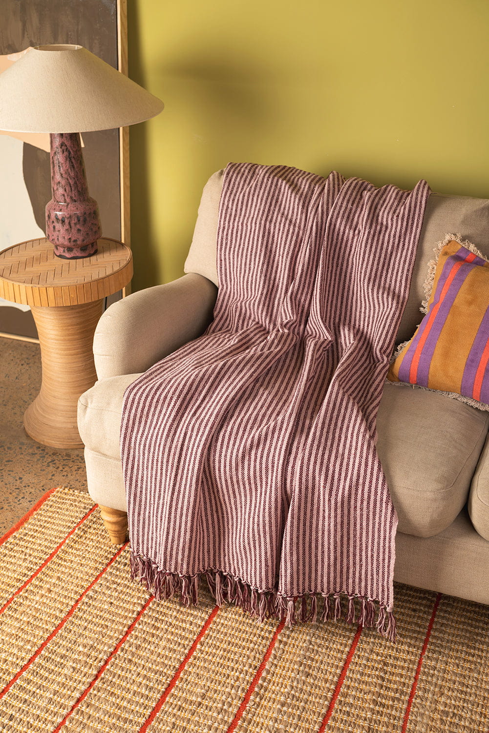 Ian Snow Ltd Plum & Dusty Rose 100% Recycled Cotton Striped Throw