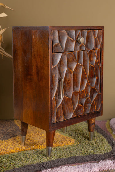 MYAKKA Carved Mango Wood Bedside Cabinet