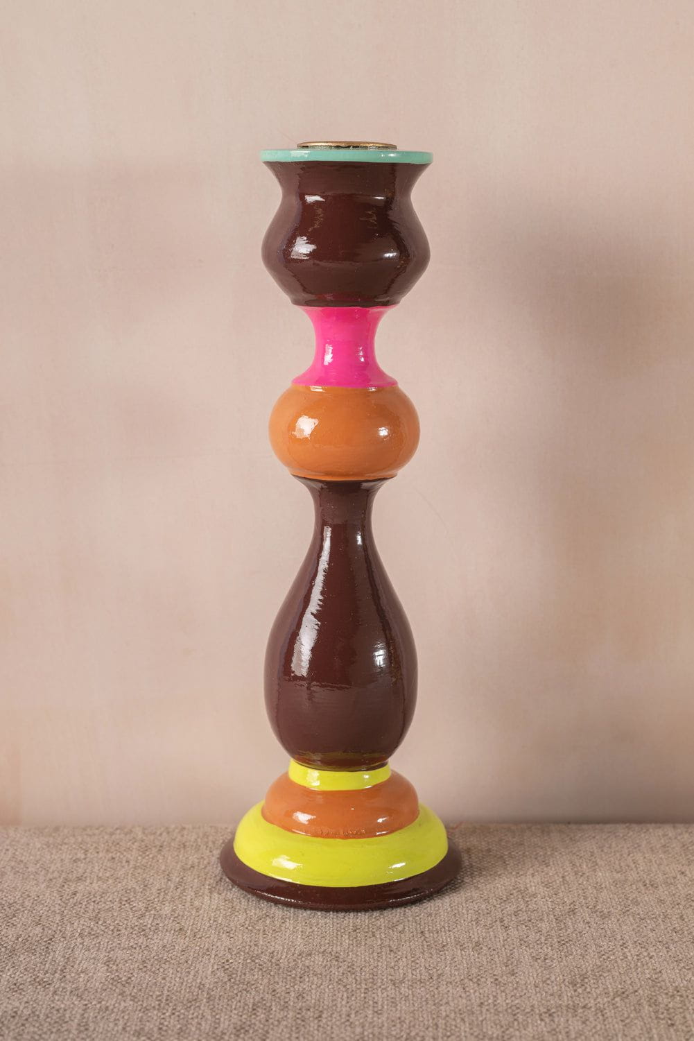 MYAKKA Muted Tones Hand Painted Wooden Candle Holders Chocolate & Orange