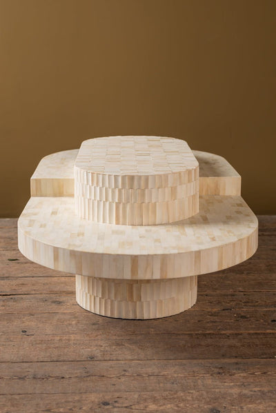 MYAKKA Ecru Carved Coffee Table with Bone Inlay