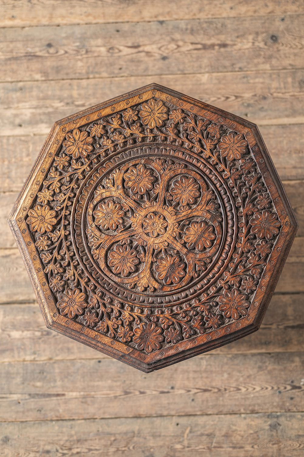 MYAKKA Teak Octagonal Carved Side Table