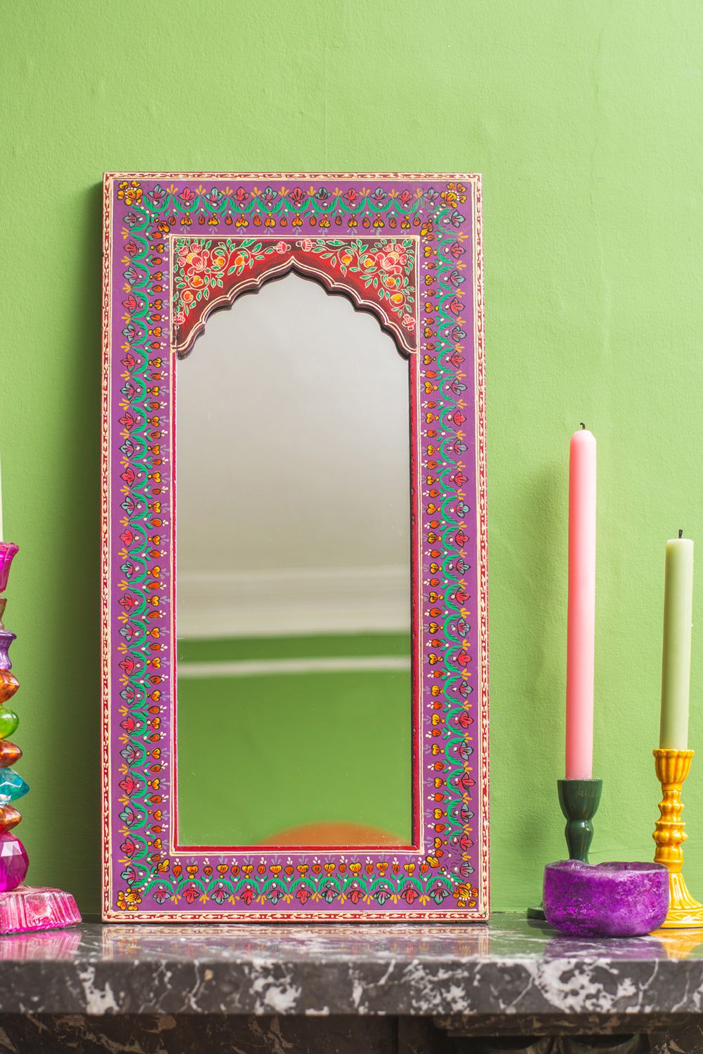Ian Snow Ltd Purple Highly Decorative Arched Wooden Mirror with Mehandi Work